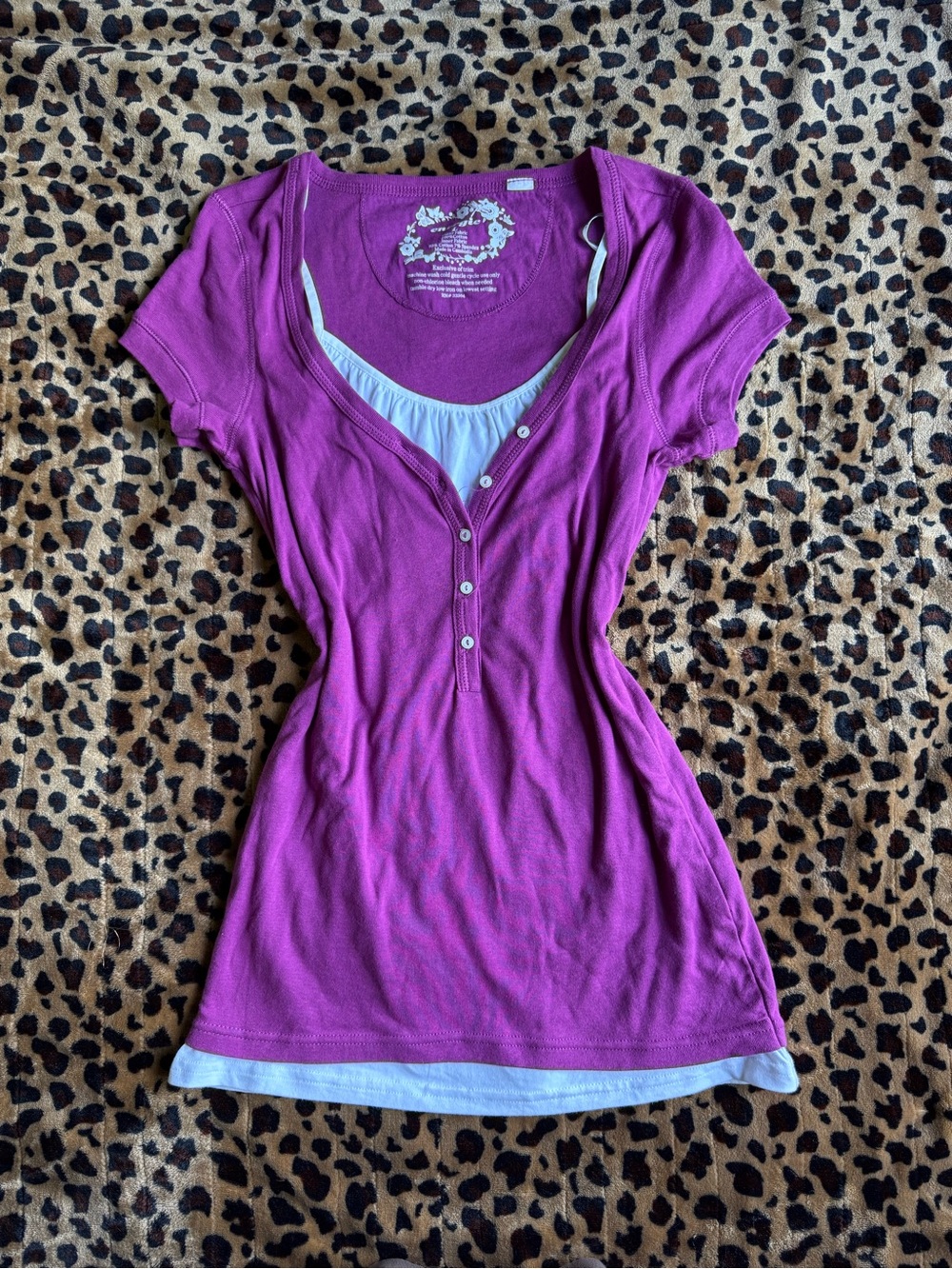Energie Short-Sleeve Layered Henley Tee in Magenta with White Inset